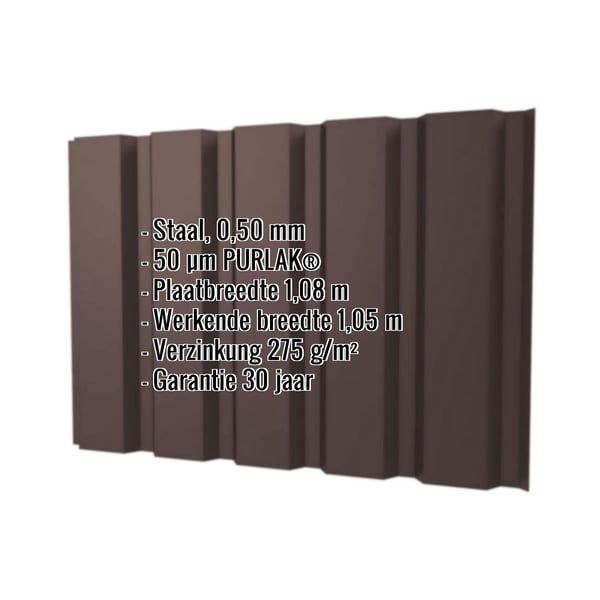 Damwandplaat T35M wand chocoladebruin RAL 8017 met ingebedde productgegevens