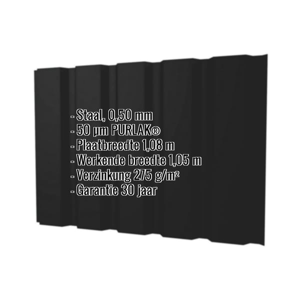 Damwandplaat T35M Gitzwart RAL 9005 met PURLAK coating, productgegevens zoals materiaal, dikte en garantie getoond