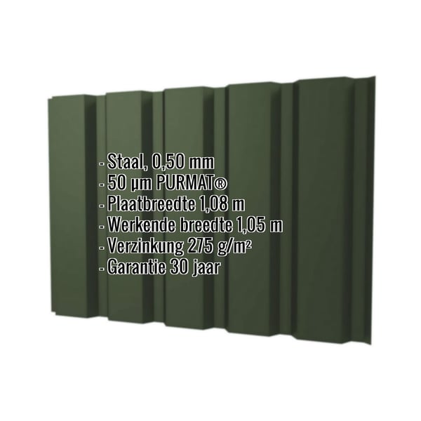 Damwandplaat T35M 0,50 mm Groen met PURMAT® coating, kerngegevens weergegeven