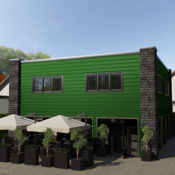 Gebouw met groene damwandplaat T35M gevelbekleding, PURMAT® gecoat