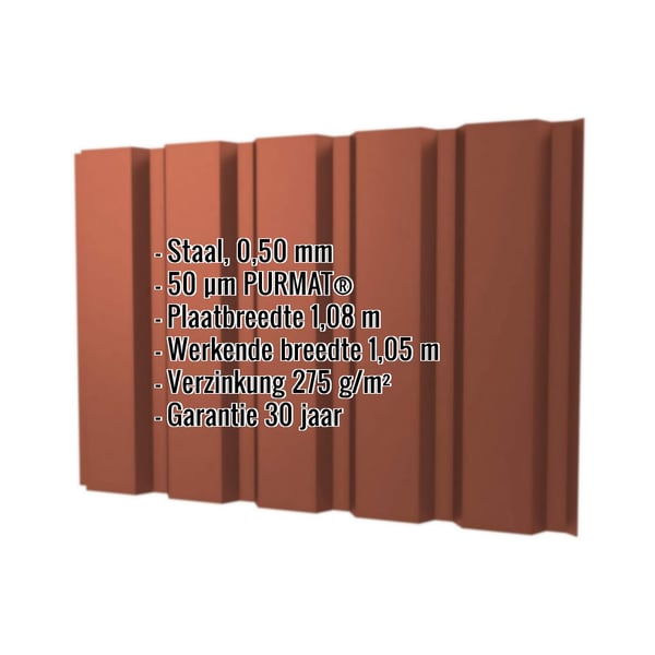 Damwandplaat T35M wand Terracotta 0,50 mm met PURMAT® coating en ingebedde specificaties