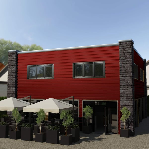 Gebouw bekleed met kersrode damwandplaat T35M wand, als toepassingsvoorbeeld