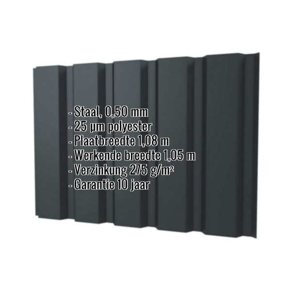 Damwandplaat T35M wand, Antracietgrijs RAL 7016, 0,50 mm, met ingebedde specificaties