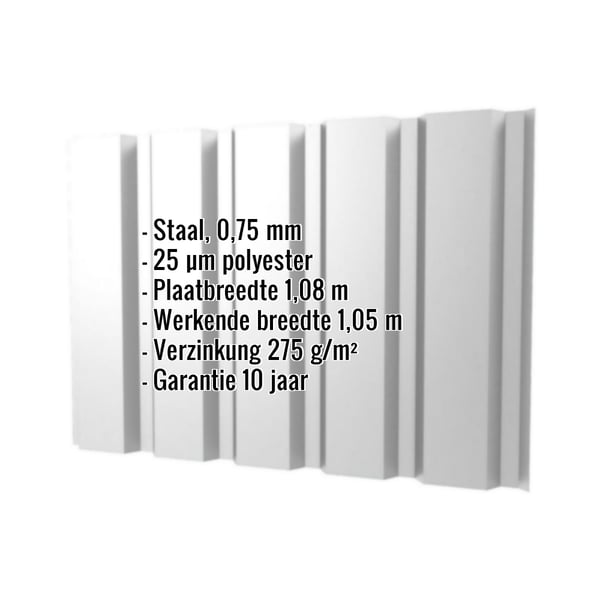 Damwandplaat T35M wand lichtgrijs RAL 7035 met ingebouwde specificaties over materiaal, dikte en coating