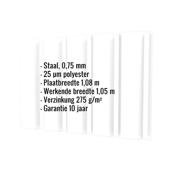 Damwandplaat T35M Zuiverwit, 0,75 mm dikte, met ingebedde specificaties over materiaal en coating