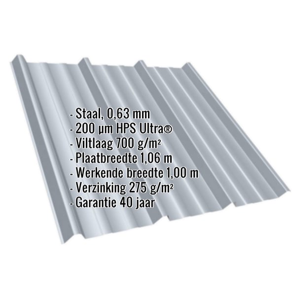 Damwandplaat T45/333M dak Venstergrijs met ingebedde productgegevens zoals materiaal, dikte en coating