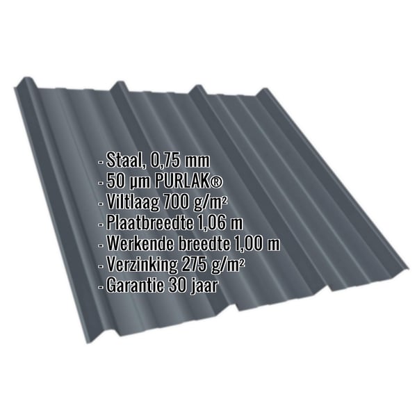 Damwandplaat T45/333M antracietgrijs, 0,75 mm staal, met ingebedde productdetails en specificaties
