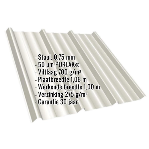 Damwandplaat T45/333M Grijswit (RAL 9002) met 50 µm PURLAK® coating, infografik met materiaaldetails