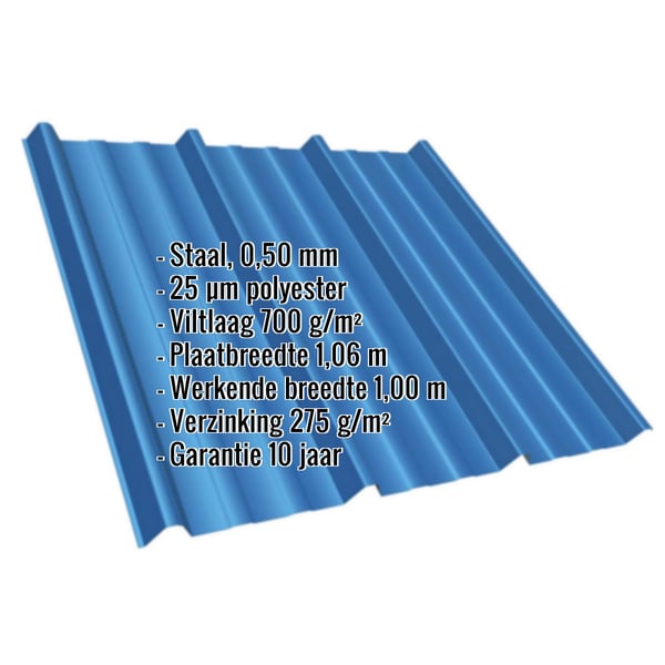 Damwandplaat T45/333M Gentiaanblauw, 0,50 mm, met ingebedde gegevens over materiaal, coating en afmetingen