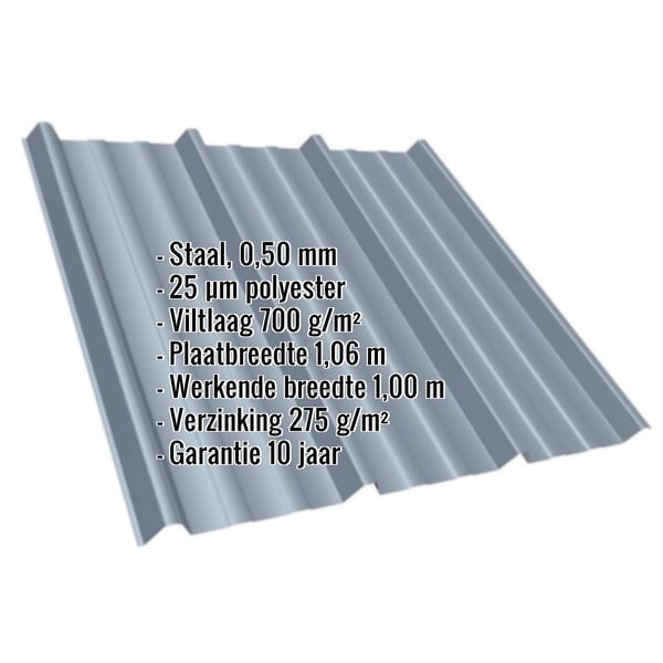 Damwandplaat T45/333M Pelsgrijs, 0,50 mm, met ingebedde specificaties over materiaal, coating en afmetingen