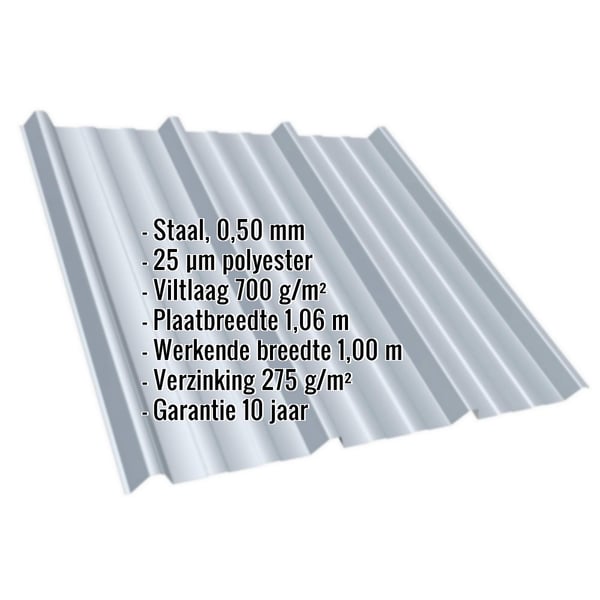 Damwandplaat T45/333M Zilver-Metallic met technische gegevens en anti-condensvilt
