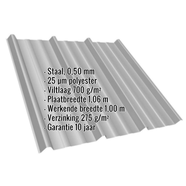 Damwandplaat T45/333M, grijs aluminiumkleurig, met ingebedde technische gegevens en eigenschappen