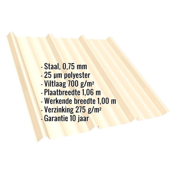 Damwandplaat T45/333M licht ivoorkleurig met ingebedde specificaties zoals materiaal, dikte en coating