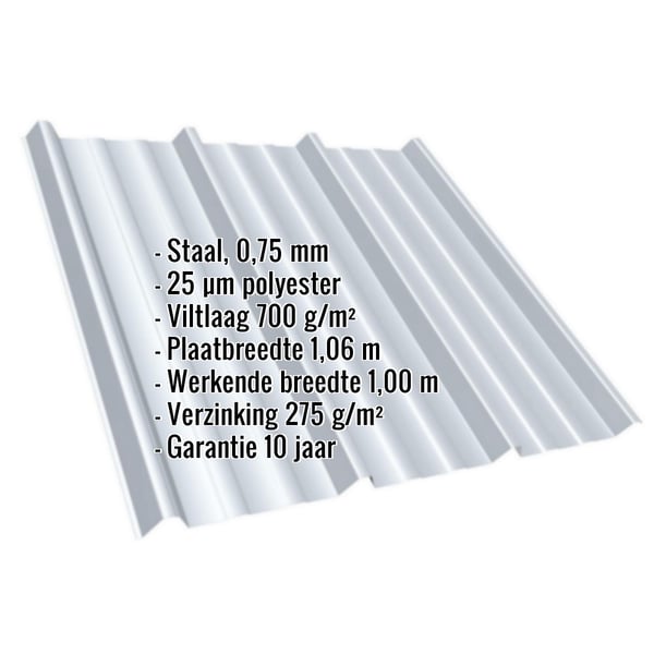 Damwandplaat T45/333M lichtgrijs met ingebouwde gegevens over materiaal, dikte en coating