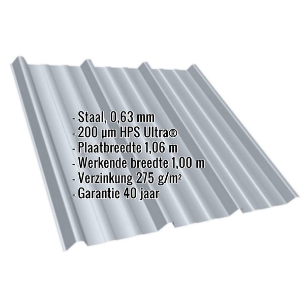 Damwandplaat T45/333MD in Venstergrijs (RAL 7040) met ingebedde productgegevens zoals materiaal, dikte en coating
