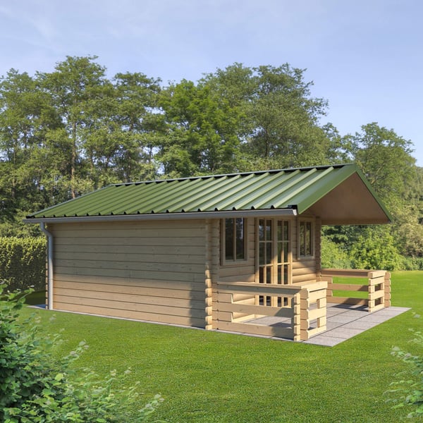 Damwandplaat T45/333MD Resedagroen als dak op een tuinhuis