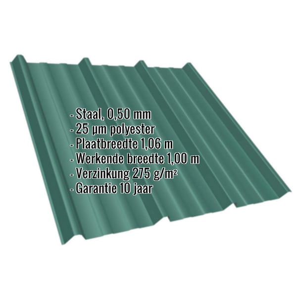 Damwandplaat T45/333MD mosgroen RAL 6005, 0,50 mm, met ingebedde specificaties