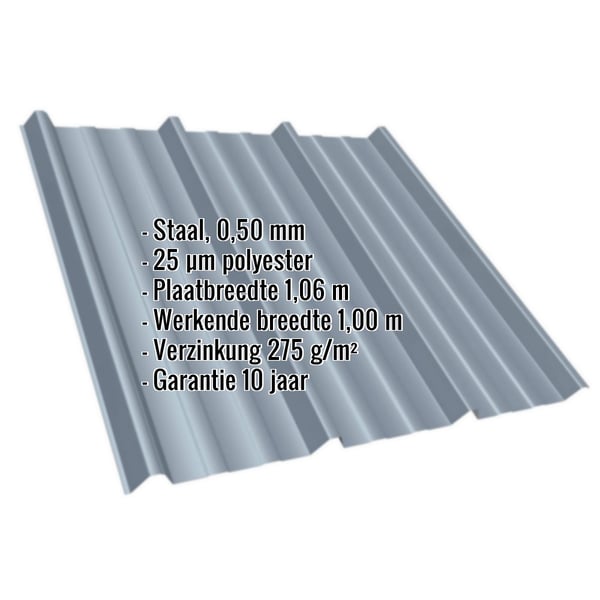 Damwandplaat T45/333MD Pelsgrijs, 0,50 mm staal, met ingebedde specificaties