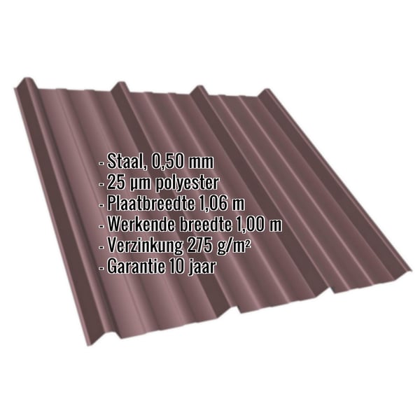 Damwandplaat T45/333MD in Chocoladebruin, 0,50 mm staal, met ingebedde specificaties