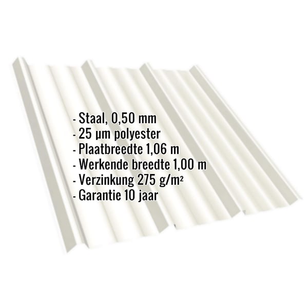 Damwandplaat T45/333MD in Zuiverwit RAL 9010 met ingebouwde productgegevens over materiaal en coating