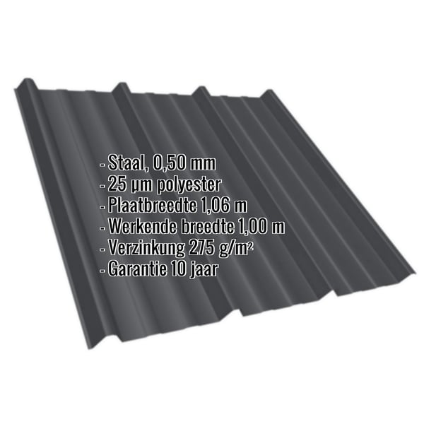 Damwandplaat T45/333MD Gitzwart (RAL 9005) 0,50 mm, met ingebedde specificaties over materiaal en afmetingen