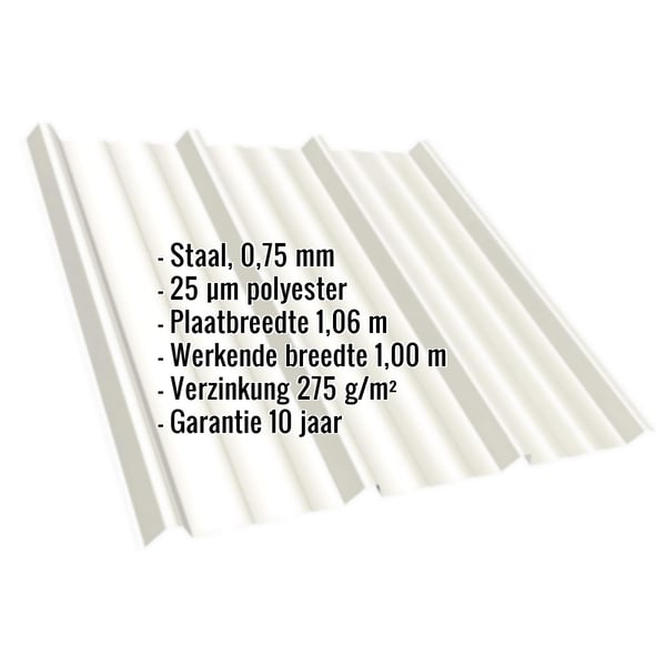 Damwandplaat T45/333MD zuiverwit met ingebedde productgegevens over materiaal, dikte en coating