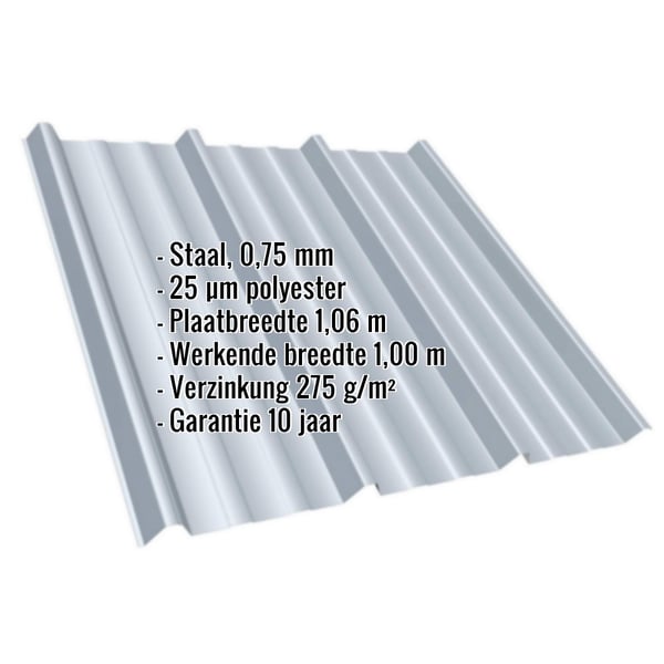 Damwandplaat T45/333MD Zilver-Metallic met ingebedde productgegevens over materiaal, dikte en coating