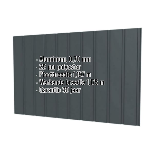 Damwandplaat T7M aluminium 0,70 mm antracietgrijs met ingebedde specificaties