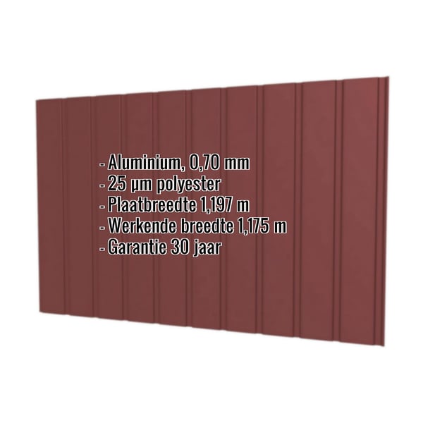 Damwandplaat T7M wand, roodbruin RAL 8012, aluminium 0,70 mm, met ingebedde productinformatie