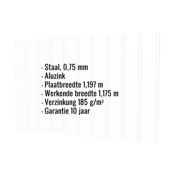 Infographic met de belangrijkste gegevens van de damwandplaat T7M Wand Aluzink 0,75 mm