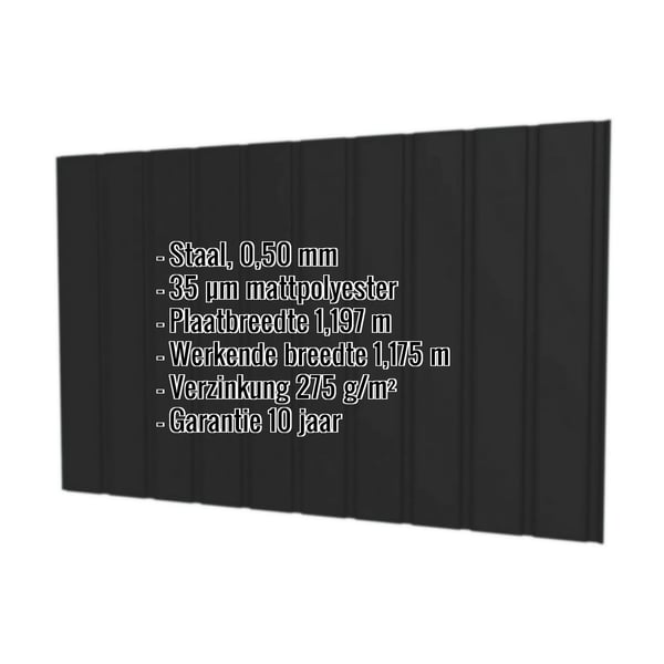 Damwandplaat T7M wand, zwart, met ingebedde technische gegevens zoals materiaal, dikte en coating