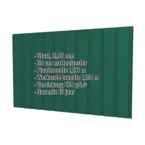 Damwandplaat T7M wand mosgroen RAL 6005 met ingebedde specificaties voor materiaal, dikte en afmetingen