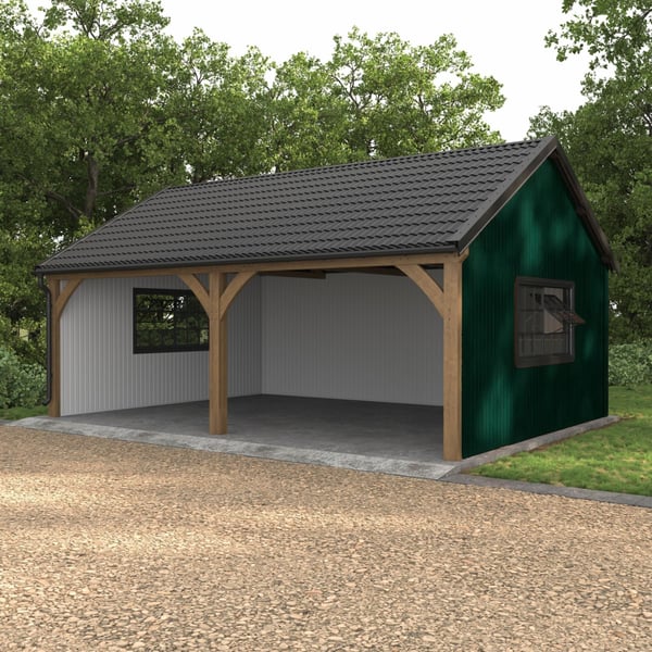 Damwandplaat T7M wand mosgroen RAL 6005 op de zijwand van een carport, toepassingsvoorbeeld