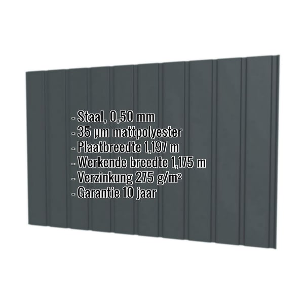 Damwandplaat T7M wand, Antracietgrijs RAL 7016, 0,50 mm, met ingebedde productgegevens als infografiek
