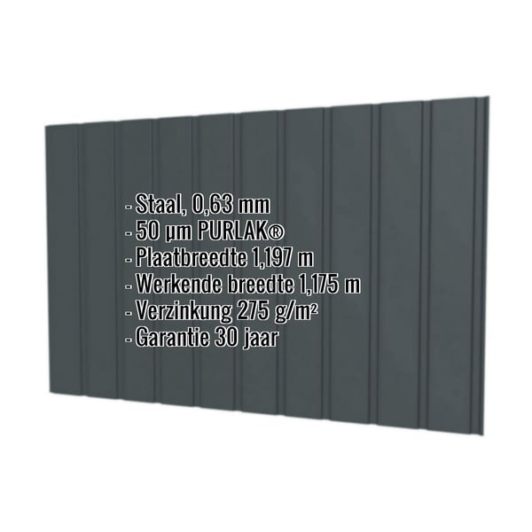 Damwandplaat T7M wand, antracietgrijs RAL 7016, met ingebedde technische gegevens