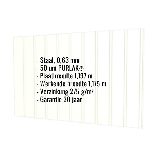Damwandplaat T7M Grijswit, 0,63 mm, met ingebedde productgegevens over materiaal, coating en afmetingen