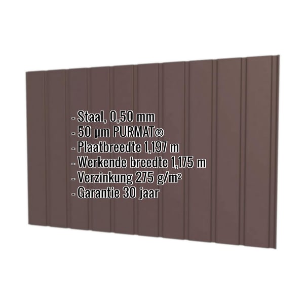 Damwandplaat T7M wand Chocoladebruin RAL 8017 met 50 µm PURMAT® coating en ingebedde specificaties
