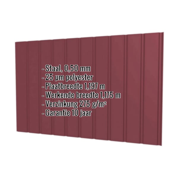 Damwandplaat T7M wand, wijnrood RAL 3005, 0,50 mm, met ingebedde technische gegevens