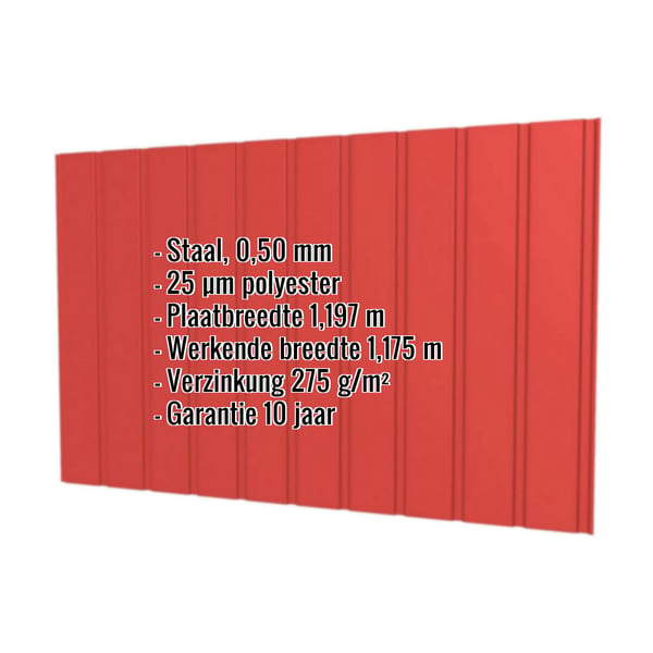 Damwandplaat T7M wand Koraalrood RAL 3016 0,50 mm dikte met ingebedde productgegevens