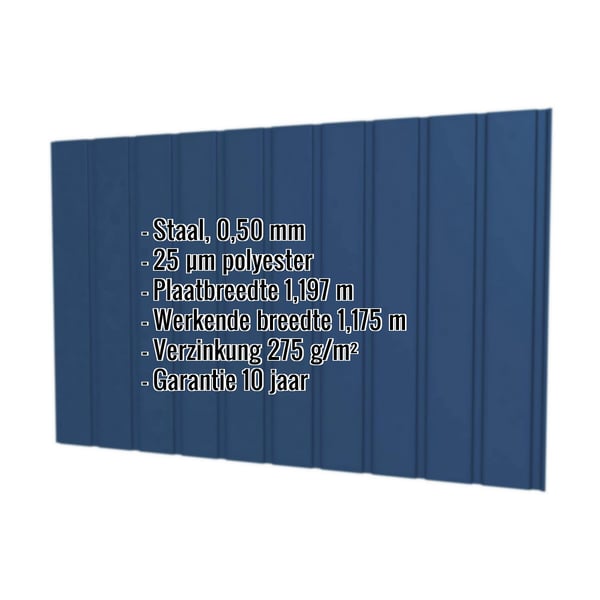 Damwandplaat T7M wand 0,50 mm Gentiaanblauw met ingebedde productgegevens over materiaal, coating en garantie