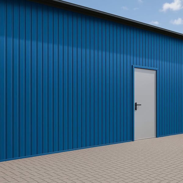 Damwandplaat T7M wand 0,50 mm Gentiaanblauw op een gebouwgevel met deur