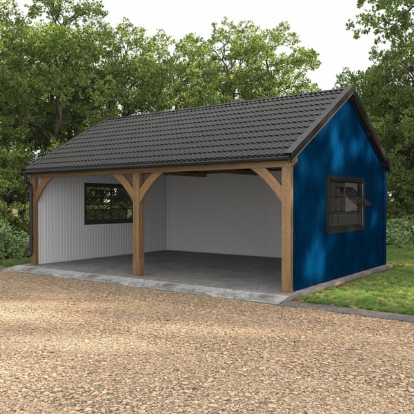 Damwandplaat T7M wand 0,50 mm Gentiaanblauw als gevelbekleding op een carport