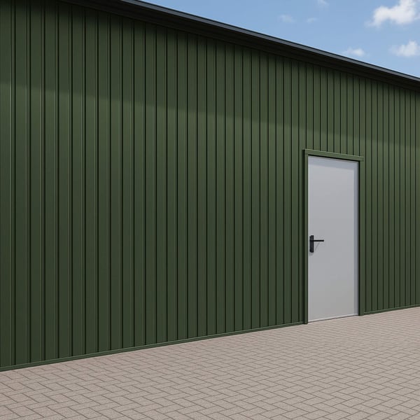 Damwandplaat T7M wand Chroomoxydegroen 0,50 mm op een gevel met deur