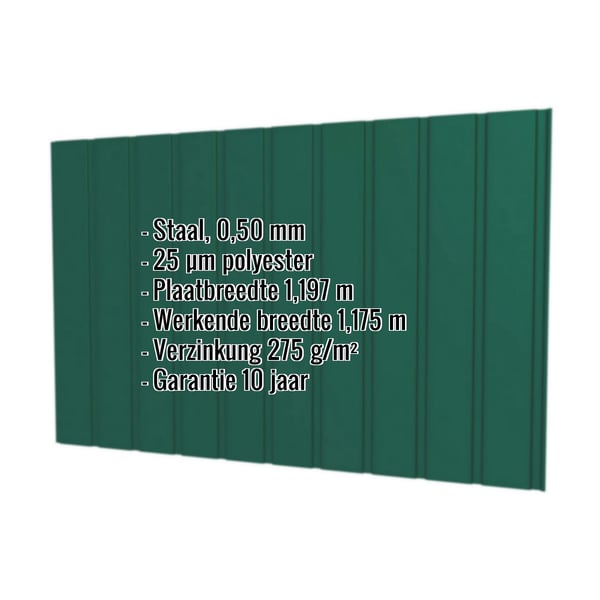 Damwandplaat T7M wand mosgroen, 0,50 mm dikte, met ingebouwde specificaties