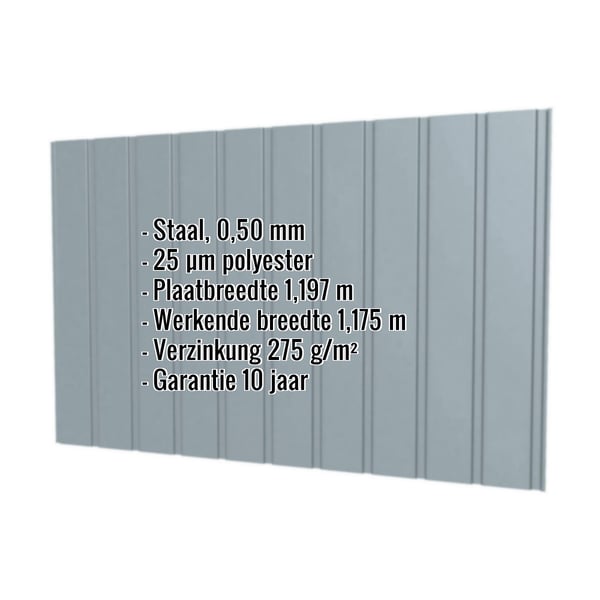 Damwandplaat T7M Pelsgrijs RAL 7000 met ingebedde specificaties voor materiaal, dikte en coating
