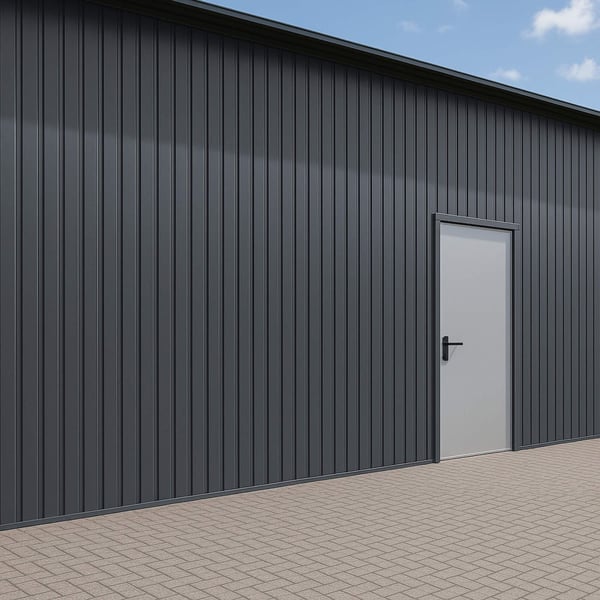 Damwandplaat T7M wand, Grafietgrijs RAL 7024, 0,50 mm, gemonteerd aan een gebouw met deur