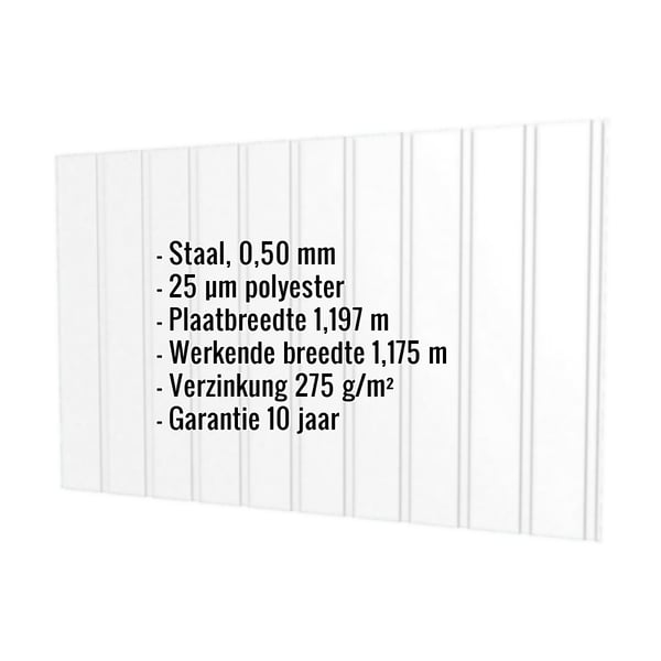 Damwandplaat T7M wand lichtgrijs met ingebedde specificaties voor materiaal, dikte en coating