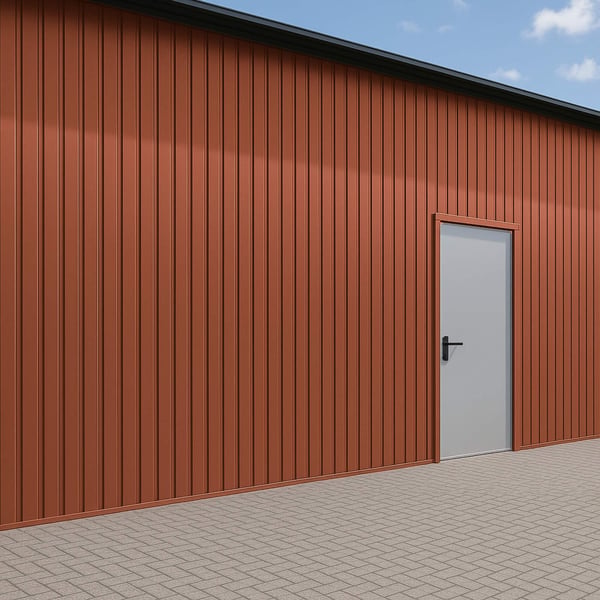 Damwandplaat T7M Koperbruin (RAL 8004) als wandbekleding op een gebouw met witte deur