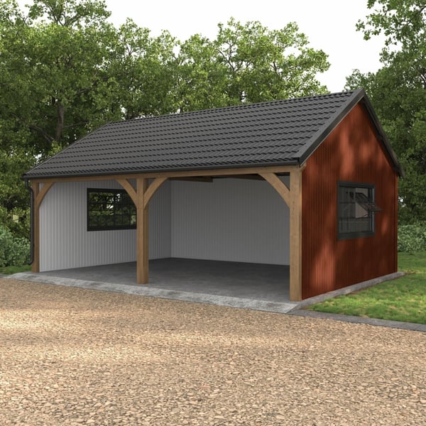 Carport met wandbekleding van damwandplaat T7M Koperbruin (RAL 8004) en houten constructie