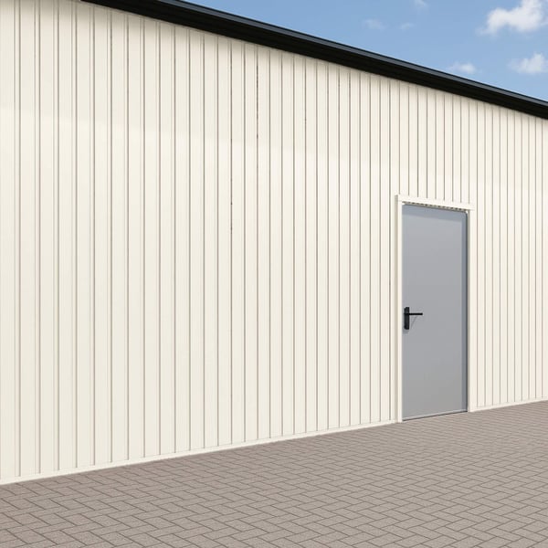 Damwandplaat T7M wand in zuiverwit RAL 9010 op een gevel met deur, 0,50 mm staal